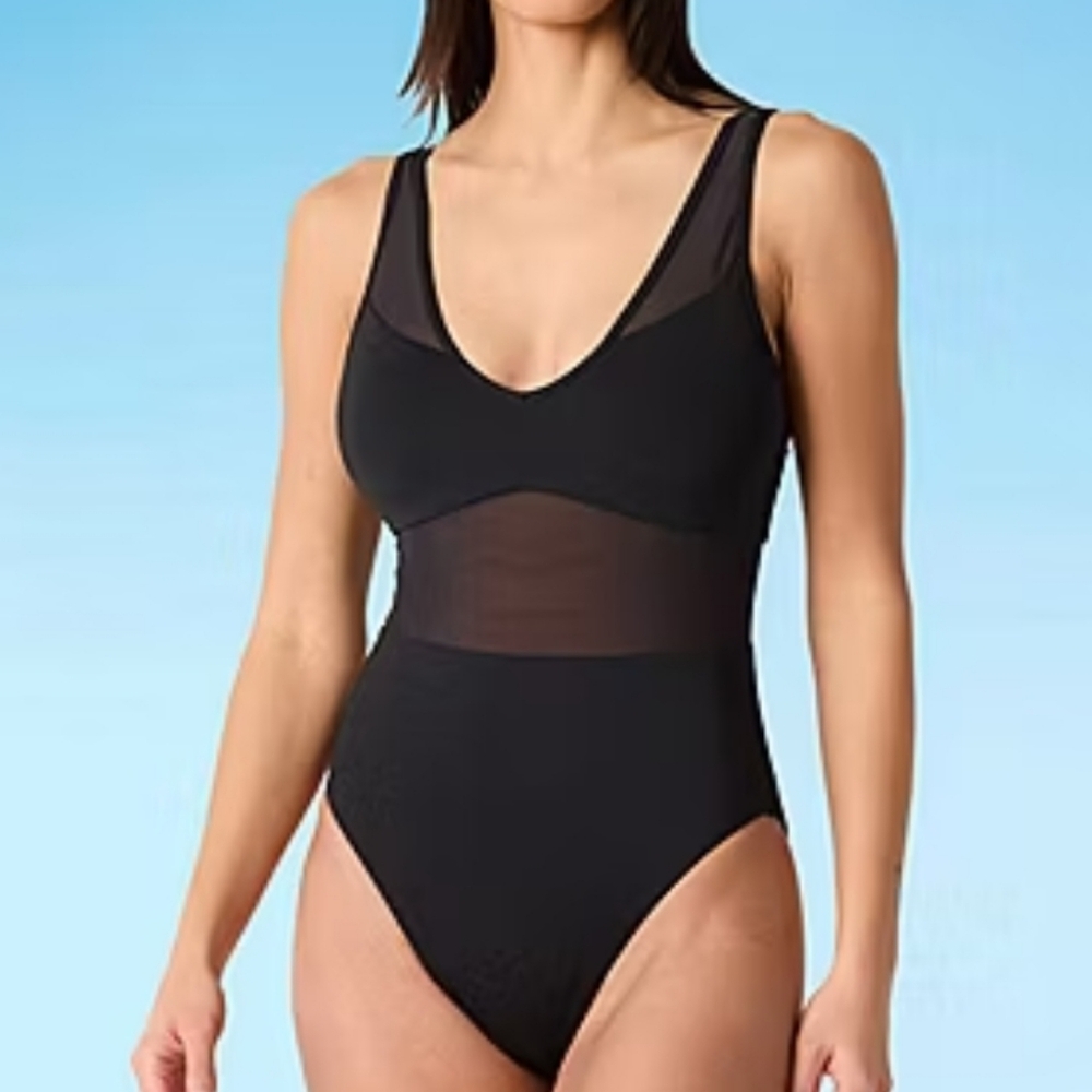 Mynah Women's Size Large Bathing Suit Swimwear Black Mesh Midriff
